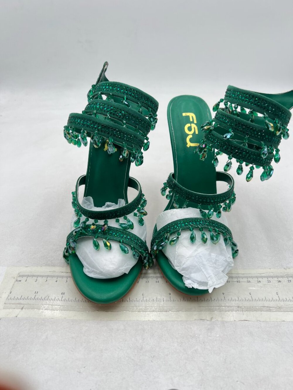 FSJ Green Open Toe Wrap Around Rhinestone Sandals Strappy Stiletto Heels - Picture 3 of 8